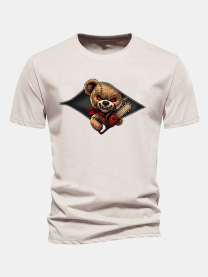 Regular Fit Halloween Zipper Evil Bear Print Cotton T-Shirt