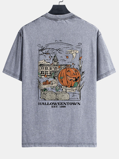 Halloween Pumpkin Town Print Washed Distressed Drop Shoulder T-Shirt