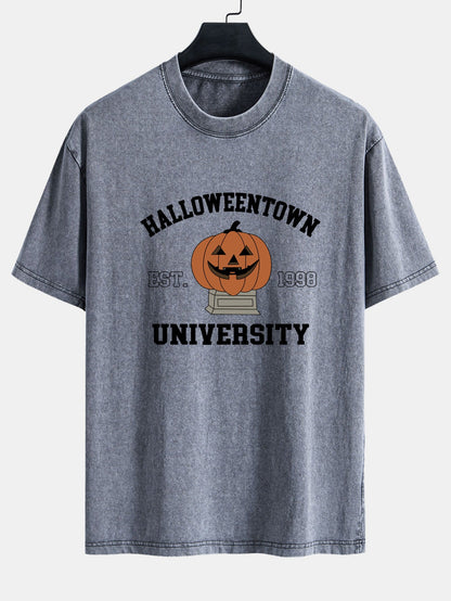 Halloween Pumpkin Town Print Washed Distressed Drop Shoulder T-Shirt