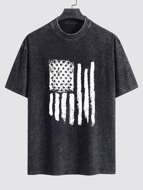 American Flag Print Washed Distressed Drop Shoulder T-Shirt