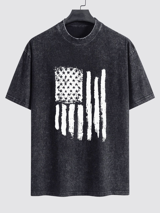 American Flag Print Washed Distressed Drop Shoulder T-Shirt