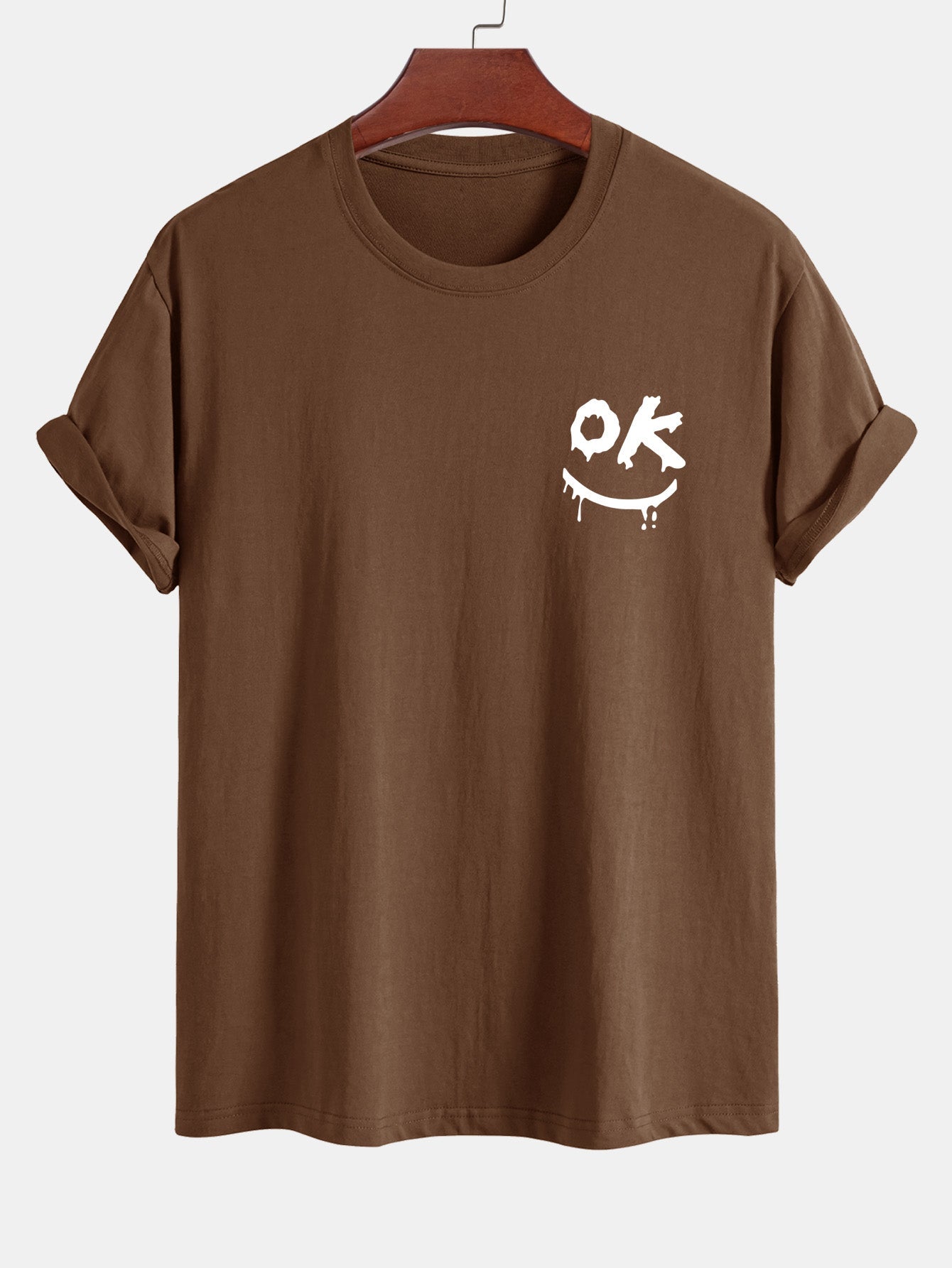 Regular Fit OK Smiley Face Print Cotton T-Shirt