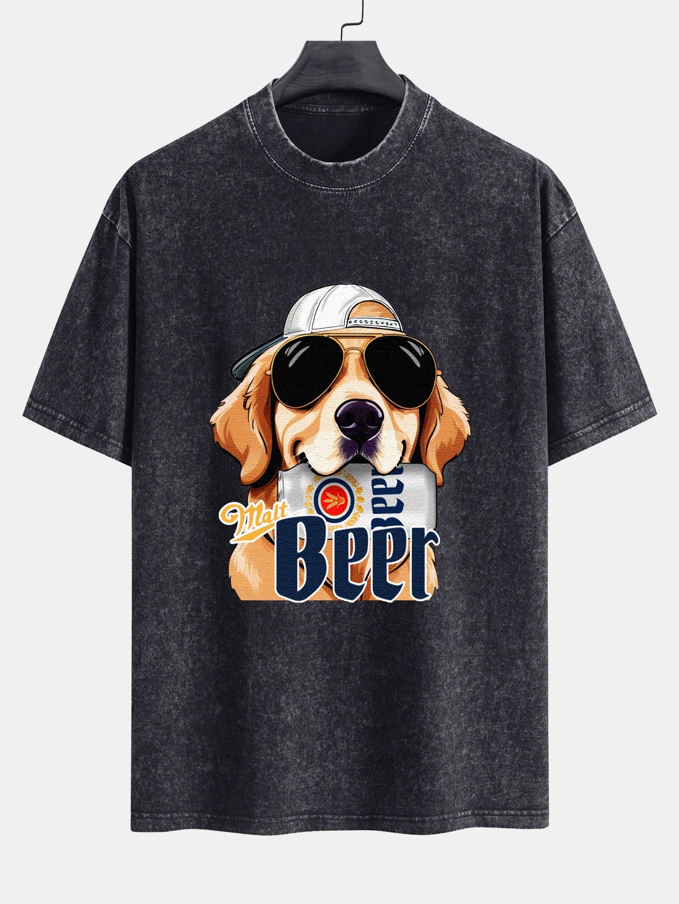 Beer Dog Print Washed Distressed Drop Shoulder T-Shirt