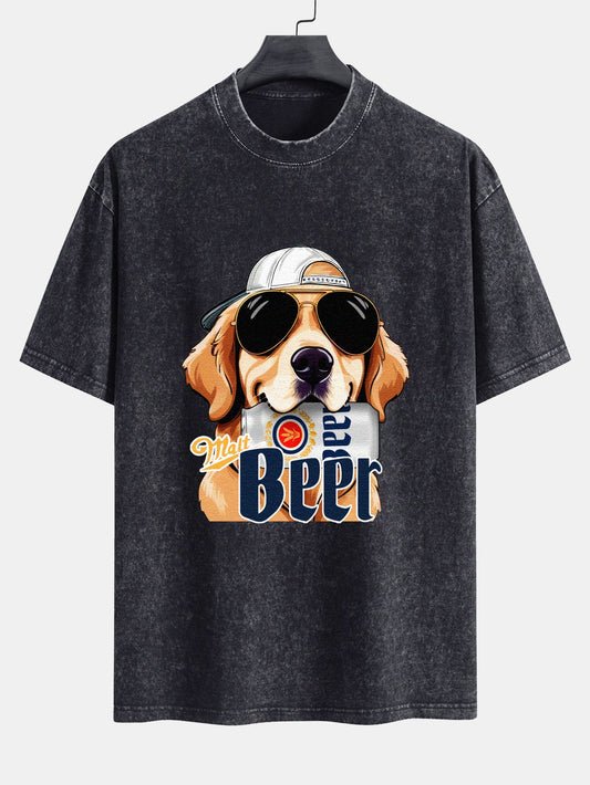 Beer Dog Print Washed Distressed Drop Shoulder T-Shirt