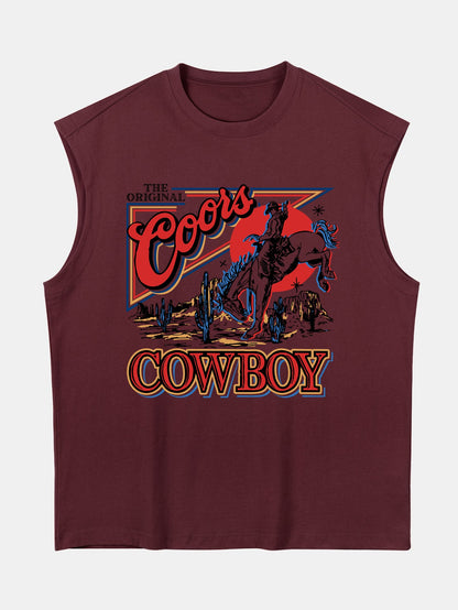 Relax Fit Western Cowboy Print Cotton Drop Shoulder Sleeveless T-Shirt
