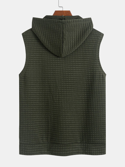 Waffle Sleeveless Hooded T-Shirt With Kangaroo Pocket