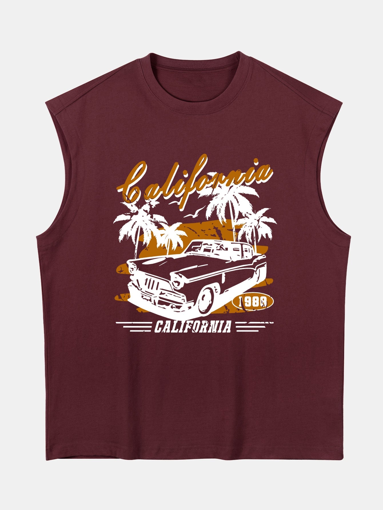 Relax Fit California Car Print Cotton Drop Shoulder Sleeveless T-Shirt