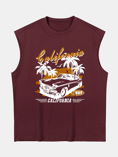 Relax Fit California Car Print Cotton Drop Shoulder Sleeveless T-Shirt