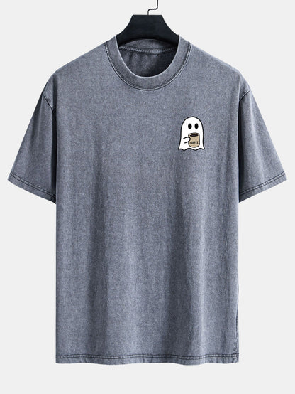 Ghost Drinking Coffee Print Washed Distressed Drop Shoulder T-Shirt
