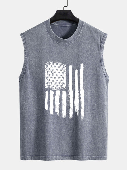 American Flag Print Washed Distressed Tank Top