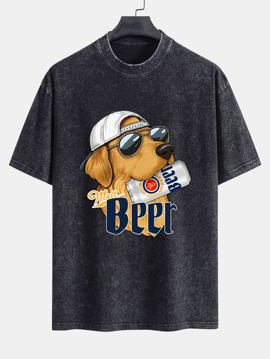 Beer Dog Print Washed Distressed Drop Shoulder T-Shirt