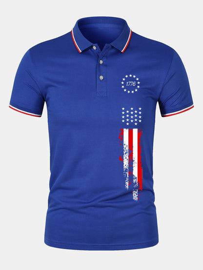 1776 American Flag Print Mesh Polo Shirt