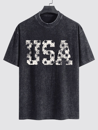 USA Print Washed Distressed Drop Shoulder T-Shirt