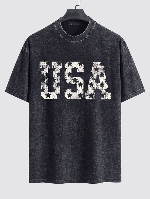 USA Print Washed Distressed Drop Shoulder T-Shirt