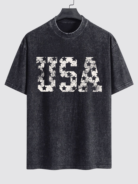 USA Print Washed Distressed Drop Shoulder T-Shirt
