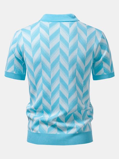 Geometric Knitted V Neck Polo Shirt
