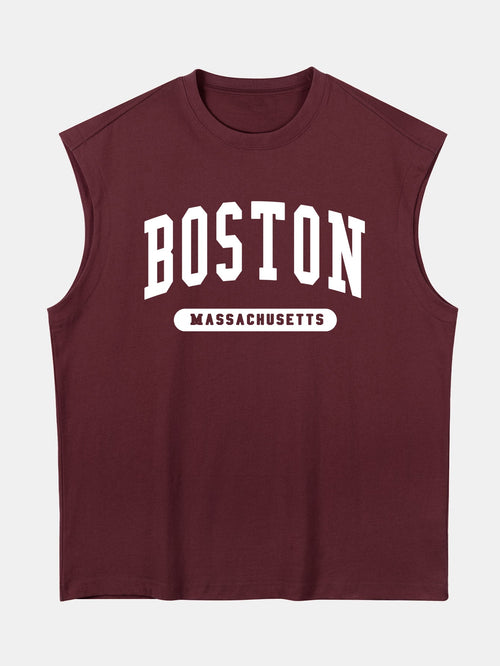 Relax Fit Boston Slogan Jacket Print Cotton Drop Shoulder Sleeveless T-Shirt