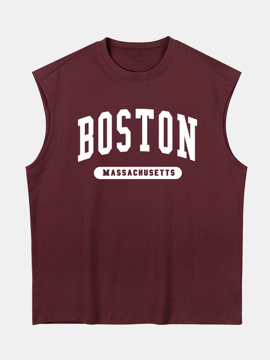 Relax Fit Boston Slogan Jacket Print Cotton Drop Shoulder Sleeveless T-Shirt