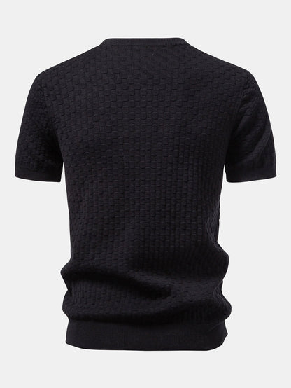 Checkerboard Henley Collar Sweater Knitted T-Shirt