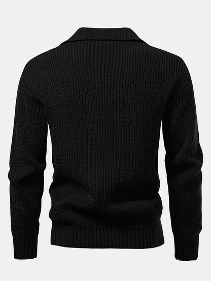 Long Sleeve Wave Jacquard Knit V Neck Polo Shirt