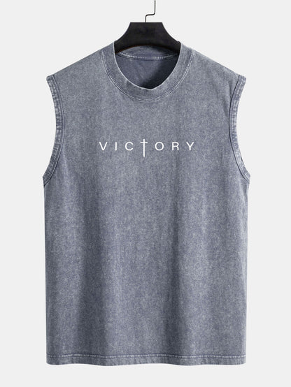 Victory Slogan Print Washed Distressed Tank Top