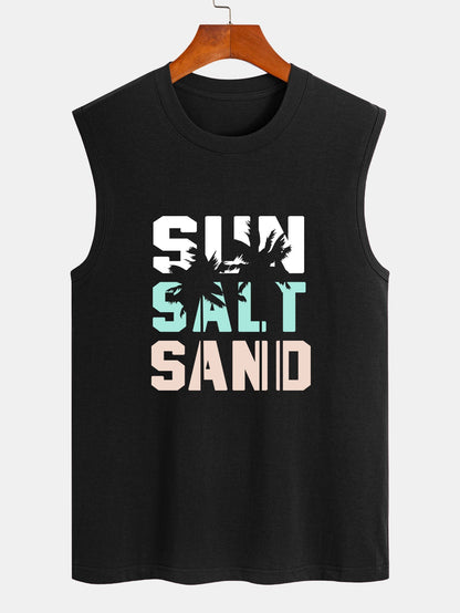 Sun Sand Palm Tree Print Cotton Sleeveless T-Shirt