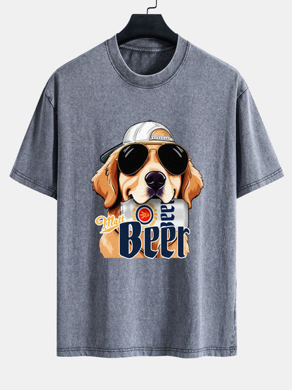 Beer Dog Print Washed Distressed Drop Shoulder T-Shirt