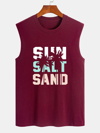Sun Sand Palm Tree Print Cotton Sleeveless T-Shirt