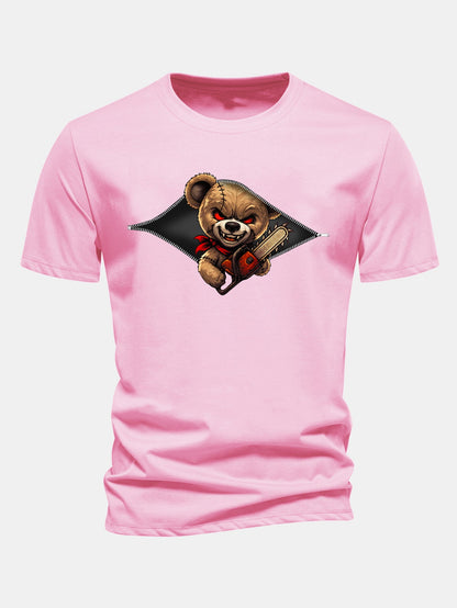 Regular Fit Halloween Zipper Evil Bear Print Cotton T-Shirt
