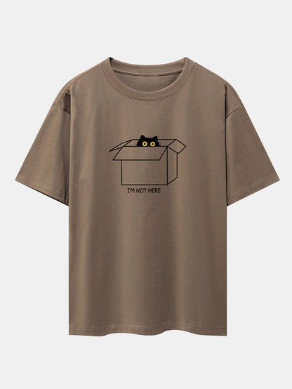 Black Cat Peeking Through Cardboard Print Drop Shoulder Oversize T-Shirt