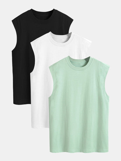 3 Pieces Relax Fit Cotton Drop Shoulder Sleeveless T-Shirts