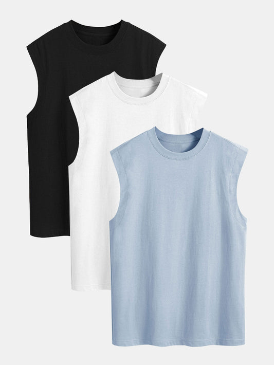 3 Pieces Relax Fit Cotton Drop Shoulder Sleeveless T-Shirts