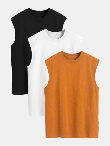 3 Pieces Relax Fit Cotton Drop Shoulder Sleeveless T-Shirts
