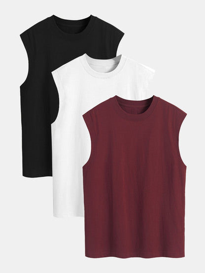 3 Pieces Relax Fit Cotton Drop Shoulder Sleeveless T-Shirts