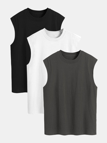 3 Pieces Relax Fit Cotton Drop Shoulder Sleeveless T-Shirts