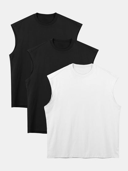 3 Pieces Relax Fit Cotton Drop Shoulder Sleeveless T-Shirts