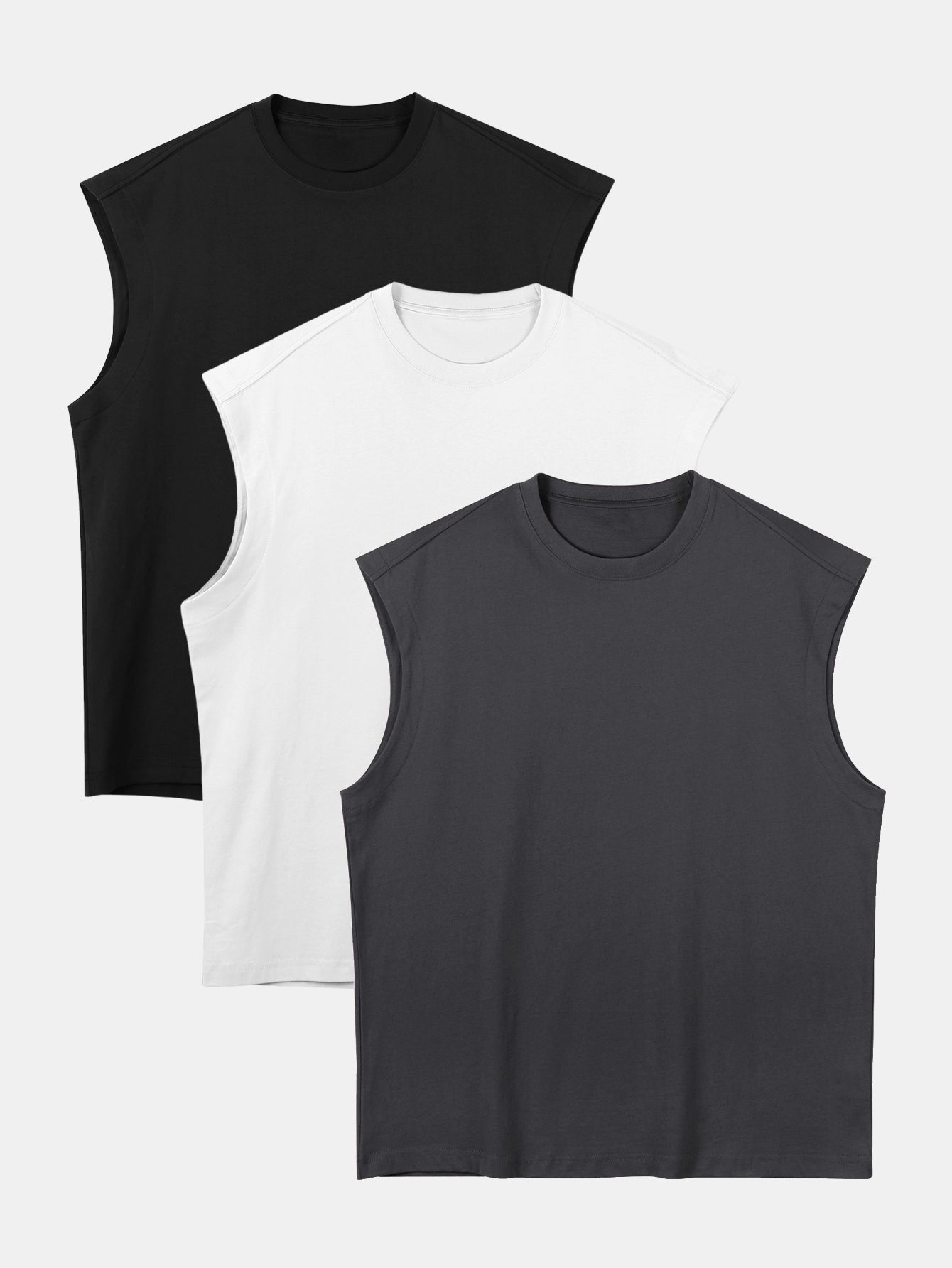 3 Pieces Relax Fit Cotton Drop Shoulder Sleeveless T-Shirts