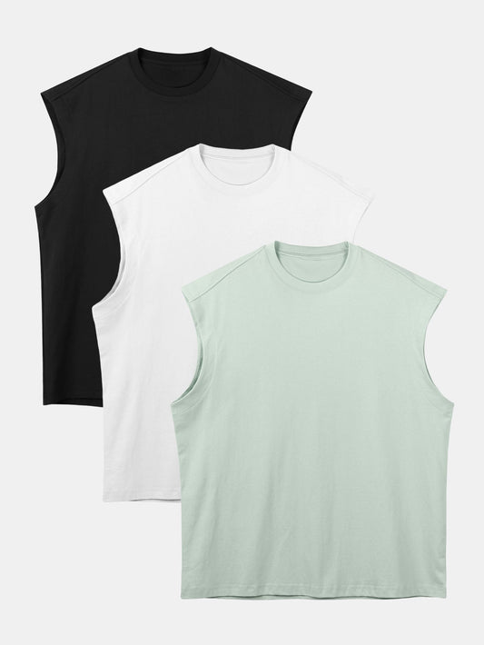3 Pieces Relax Fit Cotton Drop Shoulder Sleeveless T-Shirts