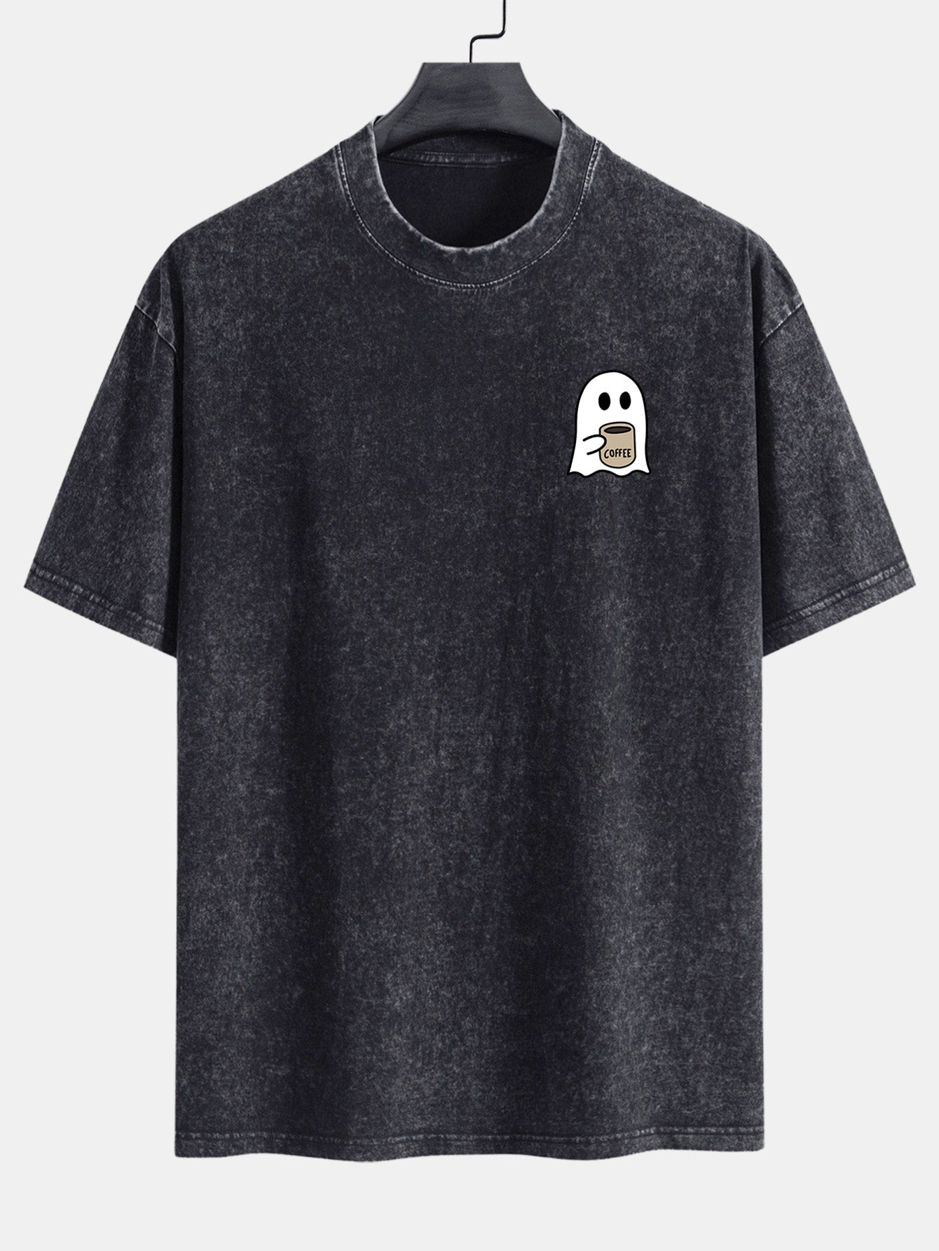 Ghost Drinking Coffee Print Washed Distressed Drop Shoulder T-Shirt