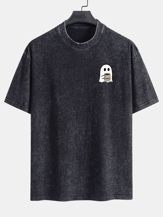 Ghost Drinking Coffee Print Washed Distressed Drop Shoulder T-Shirt