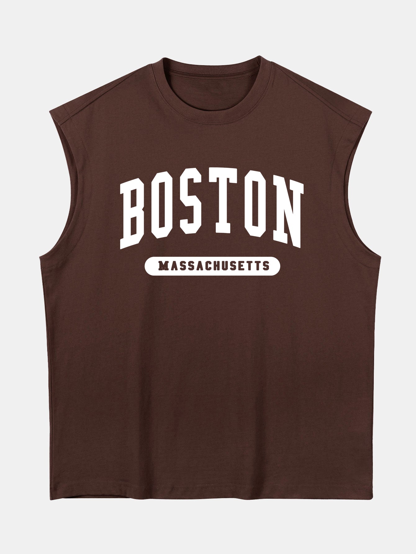 Relax Fit Boston Slogan Jacket Print Cotton Drop Shoulder Sleeveless T-Shirt