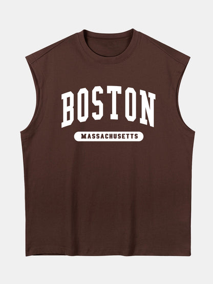 Relax Fit Boston Slogan Jacket Print Cotton Drop Shoulder Sleeveless T-Shirt