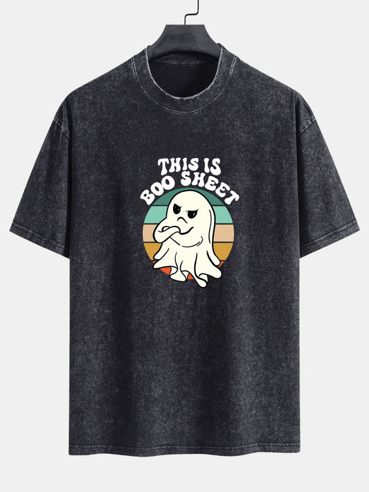 Ghost Slogan Print Washed Distressed Drop Shoulder T-Shirt