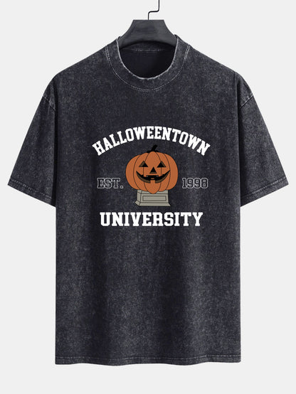 Halloween Pumpkin Town Print Washed Distressed Drop Shoulder T-Shirt