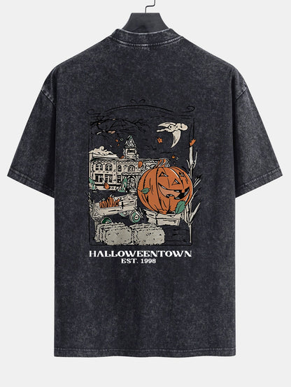 Halloween Pumpkin Town Print Washed Distressed Drop Shoulder T-Shirt