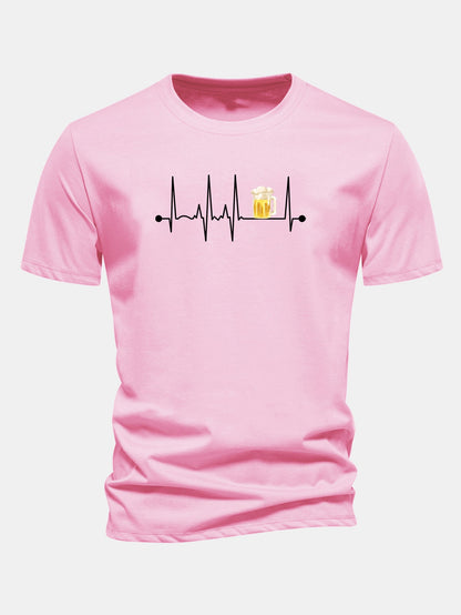 Regular Fit Beer Heartbeat Print Cotton T-Shirt