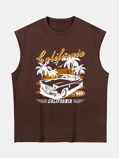 Relax Fit California Car Print Cotton Drop Shoulder Sleeveless T-Shirt