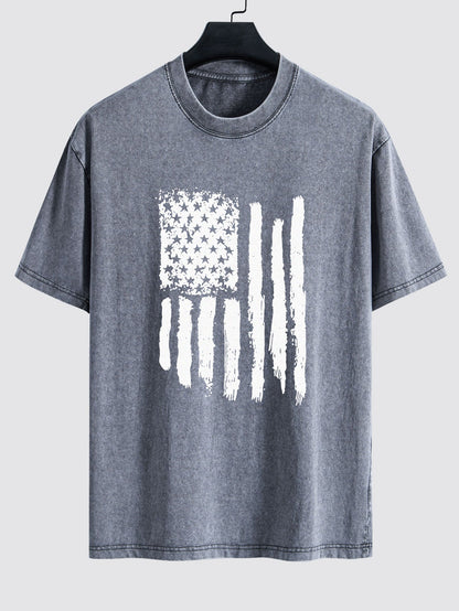 American Flag Print Washed Distressed Drop Shoulder T-Shirt