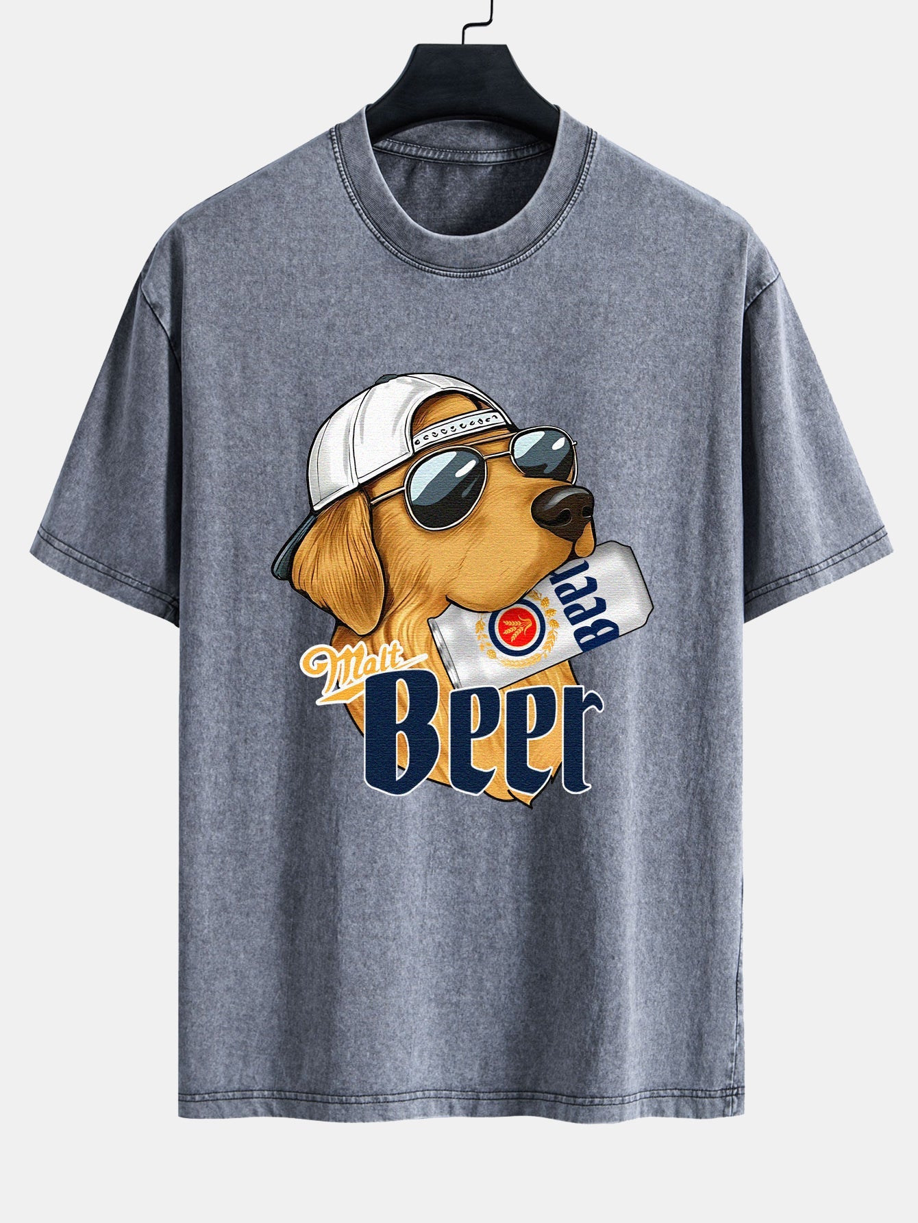 Beer Dog Print Washed Distressed Drop Shoulder T-Shirt
