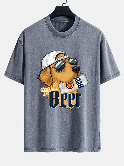 Beer Dog Print Washed Distressed Drop Shoulder T-Shirt